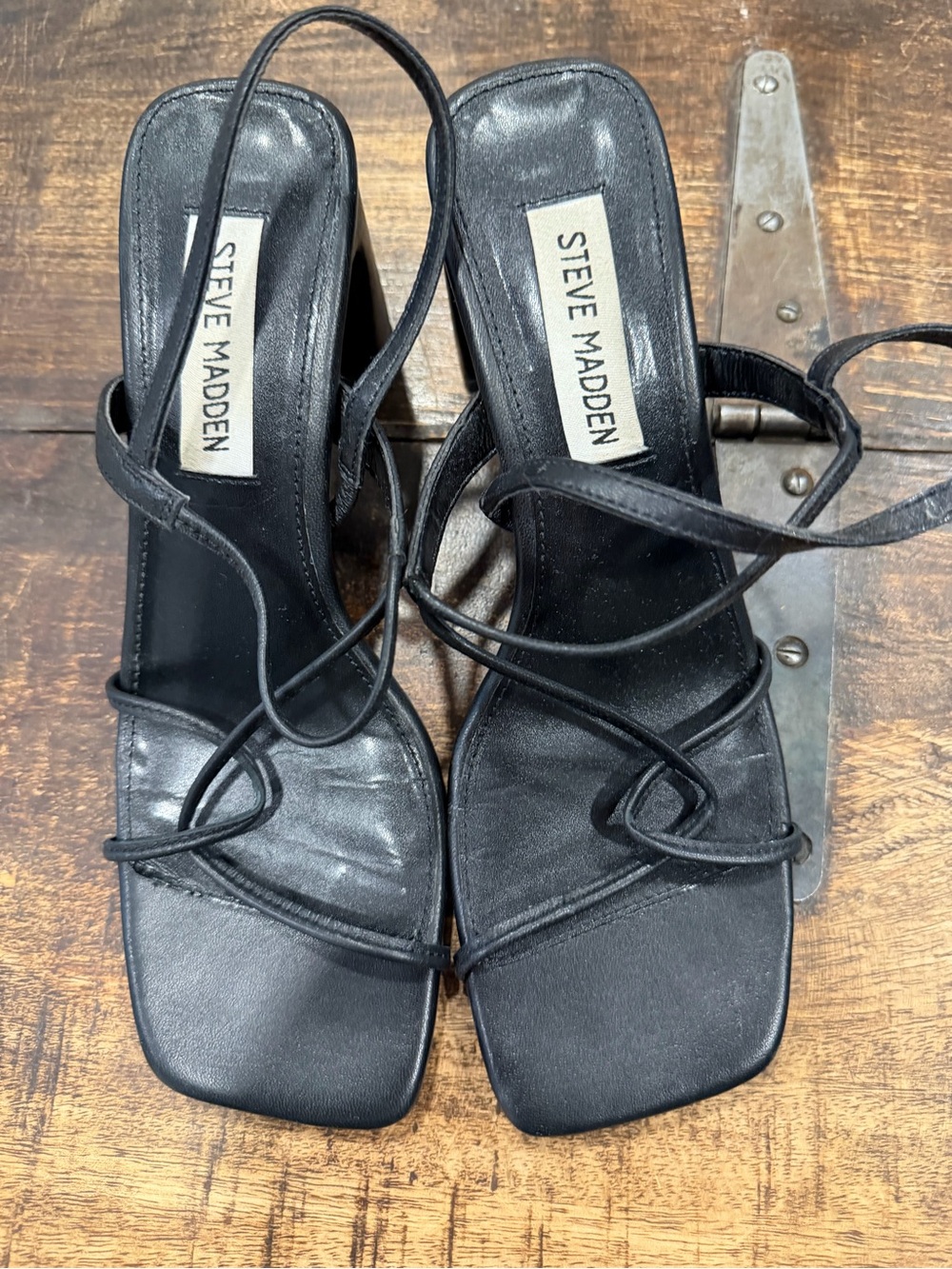 Steve Madden Black Strappy Square-Toe Heels with Wrap Ankle Straps